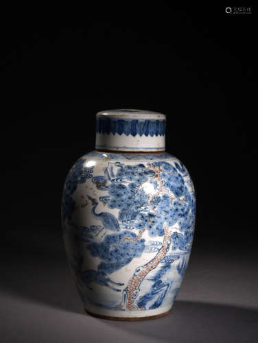A BLUE AND WHITE AND COPPER-RED JAR AND COVER, 17TH CENTURY