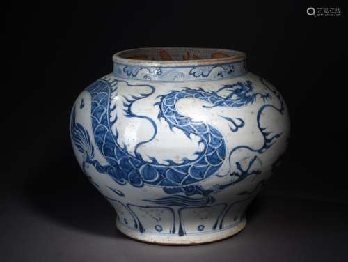 A BLUE AND WHITE DRAGON AND CLOUDS JAR, POSSIBLY 13TH/14TH CENTURY
