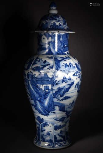 A BLUE AND WHITE FIGURES IN LANDSCAPE JAR AND COVER, 17TH CENTURY