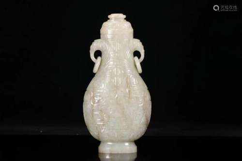 A CHINESE WHITE JADE TWO ELEPHANT EAR VASE, QING