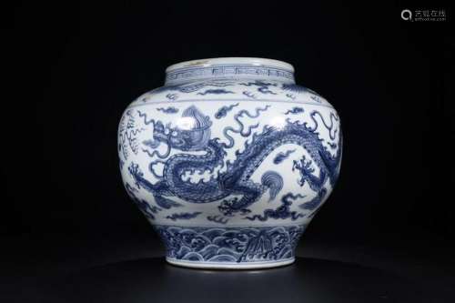 A CHINESE BLUE AND WHITE  DRAGON JAR, QING DYNASTY