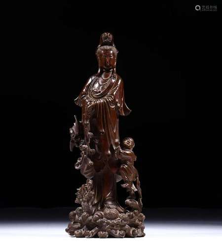 A CHINESE ROSEWOOD GUANYIN STATUE, QING DYNASTY