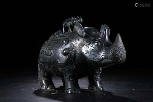 A CHINESE RHINO SHAPED BRONZE CENSER, QING DYNASTY