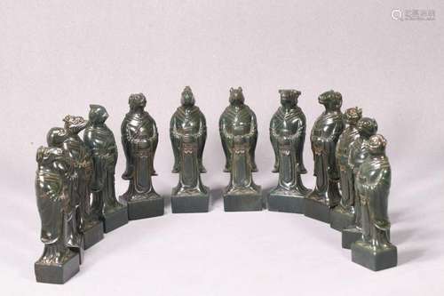 A SET OF TWELVE FINE GREEN JADE CHINESE ZODIAC SEALS,