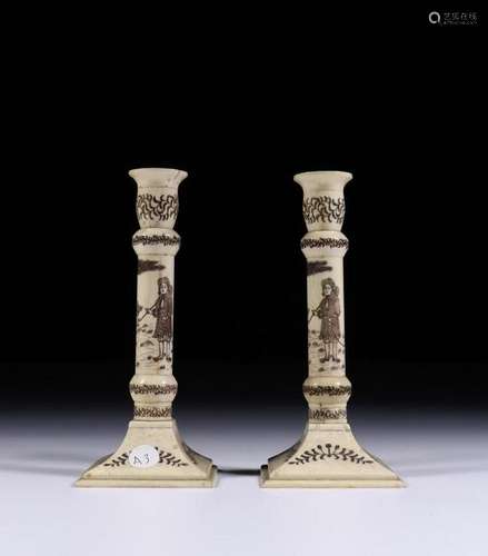 A PAIR OF CHINESE BONE WARE CANDLE BASE,QING DYNASTY