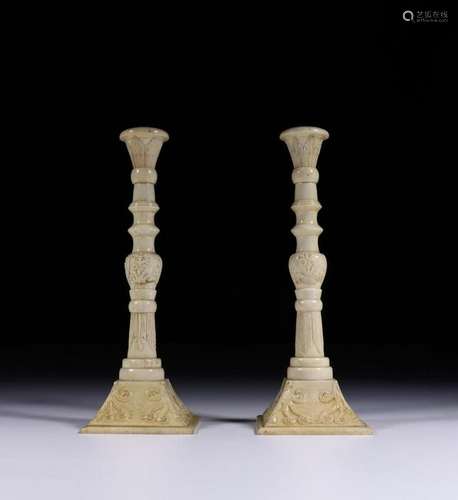 A PAIR OF CHINESE BONE WARE CANDLE BASE,QING DYNASTY