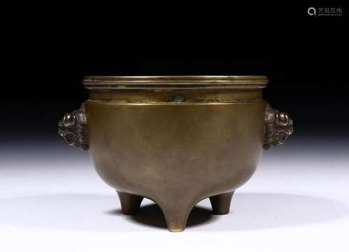 A CHINESE COPPER TRIOPOD CENSER, QING DYNASTY