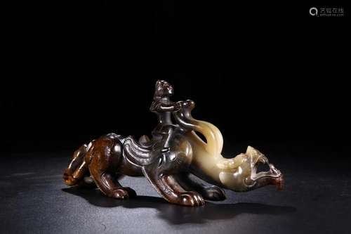 A CHINESE WHITE JADE FIGURE OF BOY RIDE MYTHICAL BEAST,