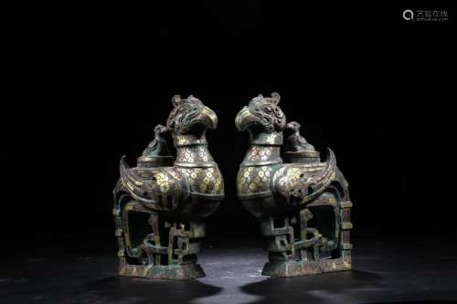 A PAIR OF CHINESE ARCHAIC BRONZE PHOENIX STATUE,QING