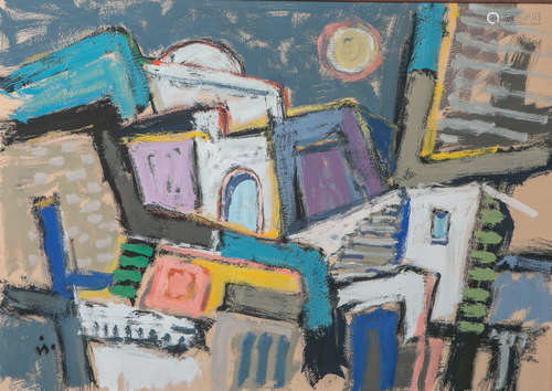 Wittler, Arrigo (1918-2004), Expressionistische Dorfansicht in Marokko, Tempera/Malkarton,li. u.