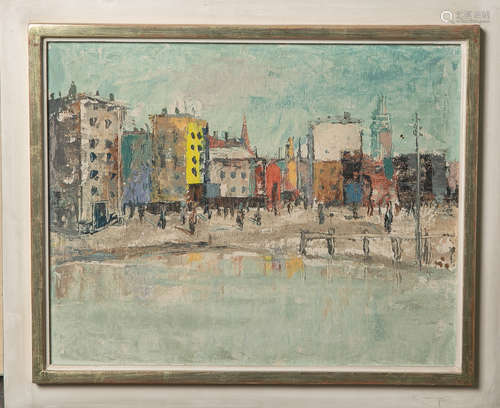 Wittler, Arrigo (1918-2004), Stadtansicht mit Fluss, wohl München, Tempera/Malkarton, re.mittig