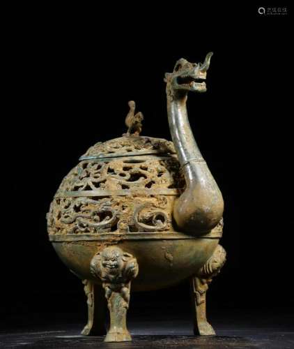 A CHINESE MYTHICAL BEAST SHAPED ARCHAIC BRONZE CENSER