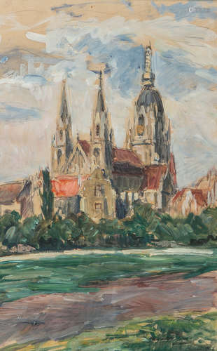 Schellerer, Max von (1892 - 1940), Blick auf eine französische Kathedrale,Gouache/Aquarell/Papier,