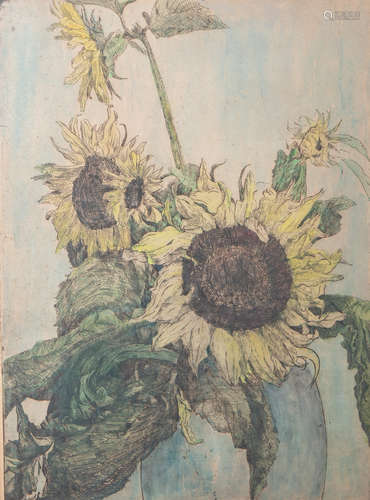 Baum, Carl (1892-1966), Stillleben mit Sonnenblumen, kolorierte Radierung, li. u. sign.,Blattgröße