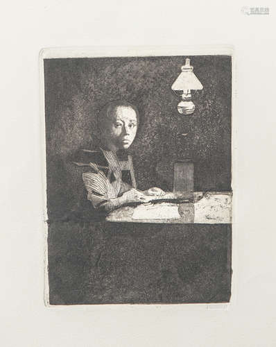 Kollwitz, Käthe (1867-1945), Selbstbildnis am Tisch (1893), Aquatinta-Radierung, rs. bez.