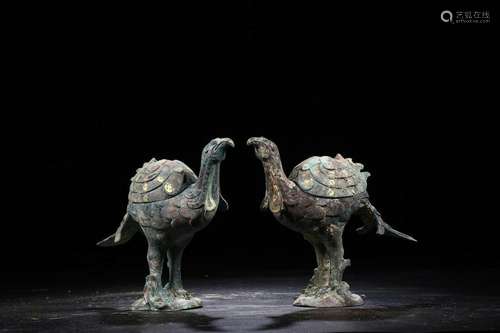 A PAIR OF CHINESE PHOENIX SHAPED ARCHAIC BRONZE CENSER,