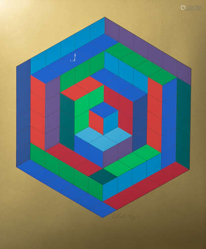 Vasarely, Victor (1906 - 1997), SIN-HAT-A, eine abstrakte Komposition auf goldenem Grund,1972, re.