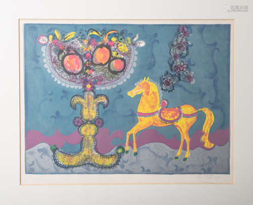 Ubeda, Augustín (1925-2007), Pferd mit Obstschale, Farblithographie, unten rechtssigniert,