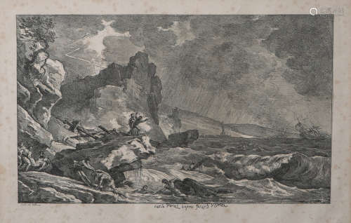 Vernet, Joseph (1714 - 1789), Schiffbruch bei Sturm an einer Küste, Lithographie,Blattgröße ca. 25 x