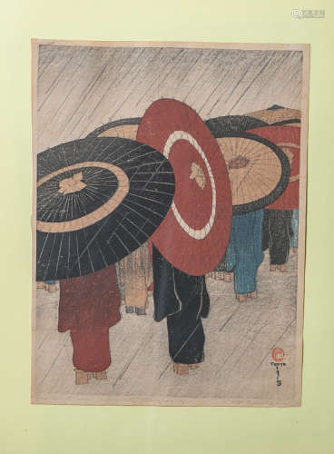 Unbekannter Künstler (Japan), Farbholzschnitt auf Papier (1915), Darstellung einerMenschengruppe mit