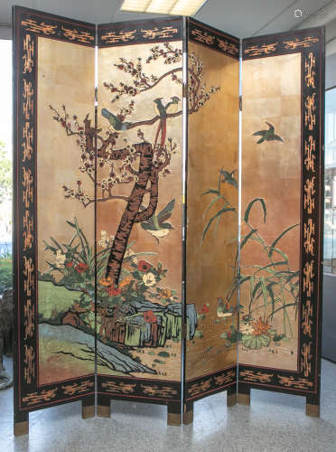 Großer asiatischer Paravent (20. Jahrhundert), 4-teilig, schwarz lackiert, vierrechteckige,