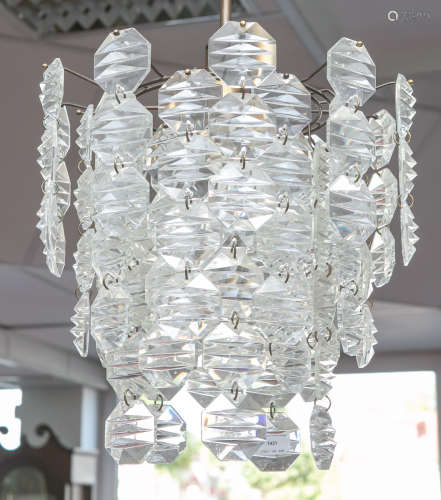 Vintage Deckenlampe (1960/70er Jahre), 4-flammig, Metallgestänge m. Achtkantprismenbehangaus Glas,