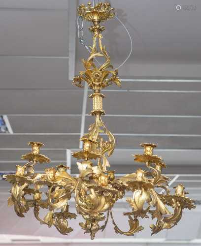Deckenleuchter aus feinem Bronzeguss, feuervergoldet (19. Jahrhundert), 18-flammig (fürKerzen),