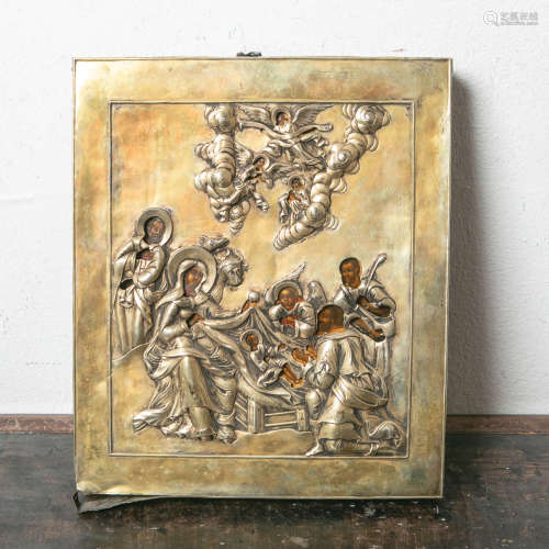Christi Geburt, russische Ikone (Ende 18./Anfang 19. Jahrhundert, Russland), mitvergoldeter Silber-