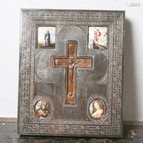 Oklad-Ikone, mittig Holz-Kreuz, russische Ikone (vermutlich Ende 16./Anfang 17.Jahrhundert),