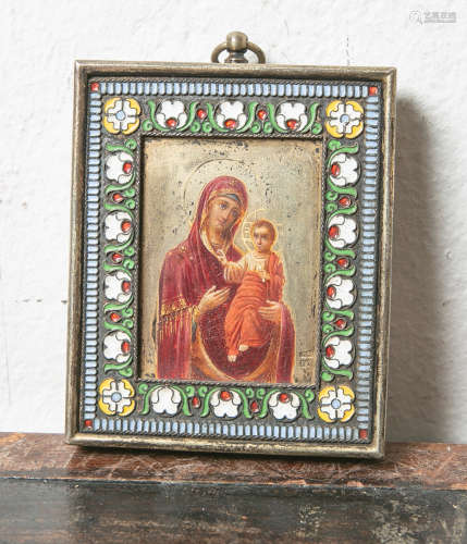 Muttergottes mit Kind (Typ Hodegetria), russische Ikone, Malerei auf (vergoldetem) Metall,