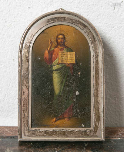 Stehender Christus (Pantokrator), russische Ikone (Ende 18./Anfang 19. Jahrhundert),Silber-Basma