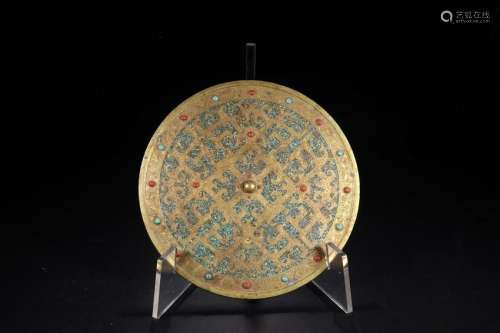 A CHINESE COPPER GILT WITH CORAL MIRROR, QING DYNASTY