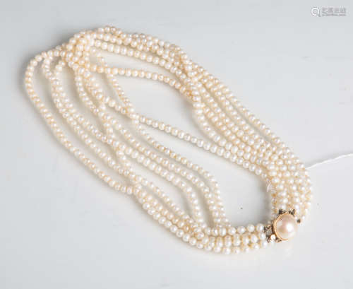 6-reihige Perlenkette, Verschluss 925er Silber vergoldet, gestempelt: Feingehalt,Hersteller 