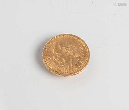 Goldmünze, Mexiko, 1 Peso, 1945, ca. 2,10 g. Altersgem. Zustand.
