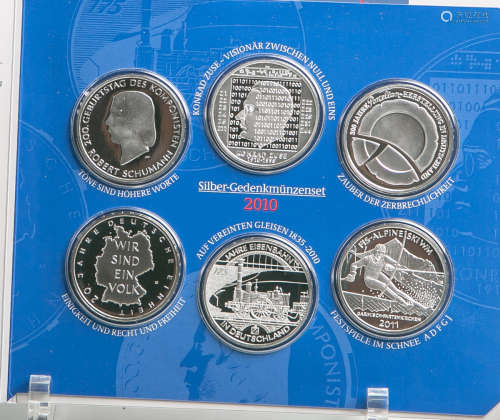 Gedenkmünzenset 10 Euro (BRD, 2010), Sterlingsilber, 6 Stück, PP, Dm. ca. 32,5 mm, Gewichtca. 18 g.