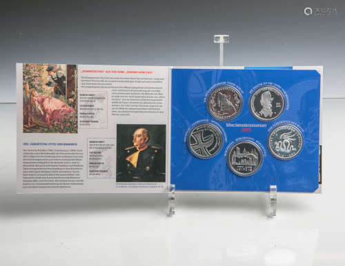 Sammlermünzenset 10 Euro (BRD, 2015), 625 Silber, 5 Stück, PP, Dm. ca. 32,5 mm, Gewichtca. 16 g.