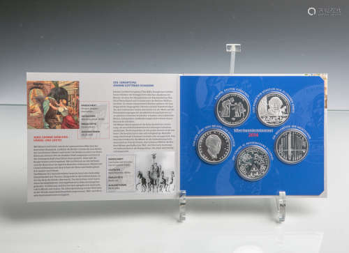 Sammlermünzenset 10 Euro (BRD, 2014), 625 Silber, 5 Stück, PP, Dm. ca. 32,5 mm, Gewichtca. 16 g.