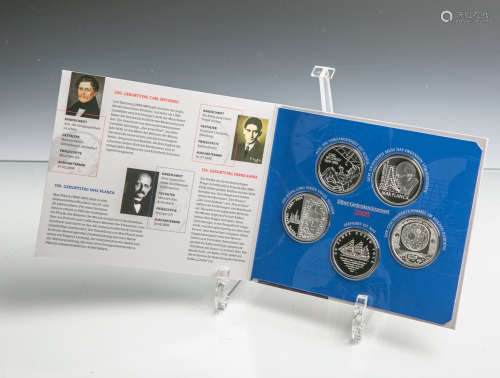 Gedenkmünzenset 10 Euro (BRD, 2008), Sterlingsilber, 5 Stück, PP, Dm. ca. 32,5 mm, Gewichtca. 18 g.