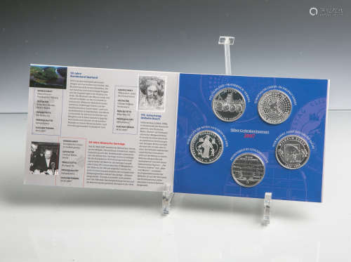 Gedenkmünzenset 10 Euro (BRD, 2007), Sterlingsilber, 5 Stück, PP, Dm. ca. 32,5 mm, Gewichtca. 18 g.