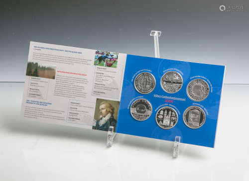 Gedenkmünzenset 10 Euro (BRD, 2005), Sterlingsilber, 6 Stück, PP, Dm. ca. 32,5 mm, Gewichtca. 18 g.