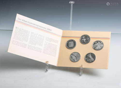 Gedenkmünzenset 10 Euro (BRD, 2002), Sterlingsilber, 5 Stück, PP, Dm. ca. 32,5 mm, Gewichtca. 18 g.