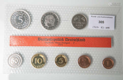 Umlaufmünzsatz (BRD, 1971), Kupfer/Nickel/Stahl, 10 Stück, 1 Pfennig bis 5 DM,Münzprägestätte: F (