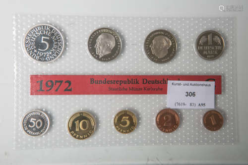 Umlaufmünzsatz (BRD, 1972), Kupfer/Nickel/Stahl, 10 Stück, 1 Pfennig bis 5 DM,Münzprägestätte: G (
