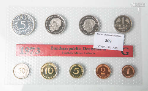 Umlaufmünzsatz (BRD, 1973), Kupfer/Nickel/Stahl, 10 Stück, 1 Pfennig bis 5 DM,Münzprägestätte: G (