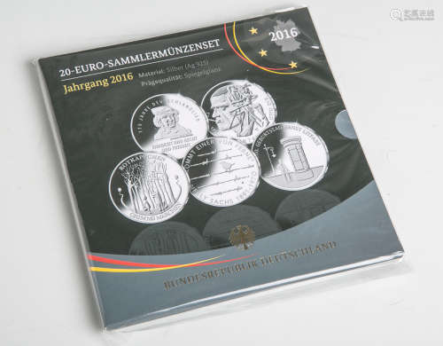 20-Euro-Sammlermünzset (BRD, 2016), 925/1000 Silber, 5 Stück, Motive: Rotkäppchen, 125.Geburtstag