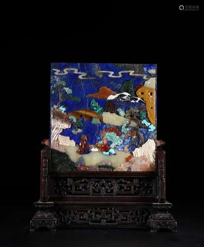 A CHINESE LAZULI SCREEN WITH  ZITAN  BASE,QING DYNASTY