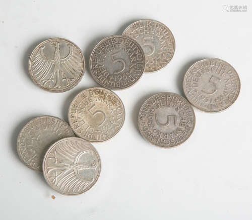 Konvolut von 5-DM-Münzen (BRD, 1951 - 1971), 8 Stück, 625/1000 Silber, sog. Silberadler,