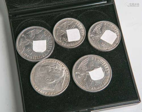 Konvolut von 5 Gedenkmünzen aus Silber, Drittes Reich, bestehend aus: 3x 5-RM-Münzen(900er Silber)