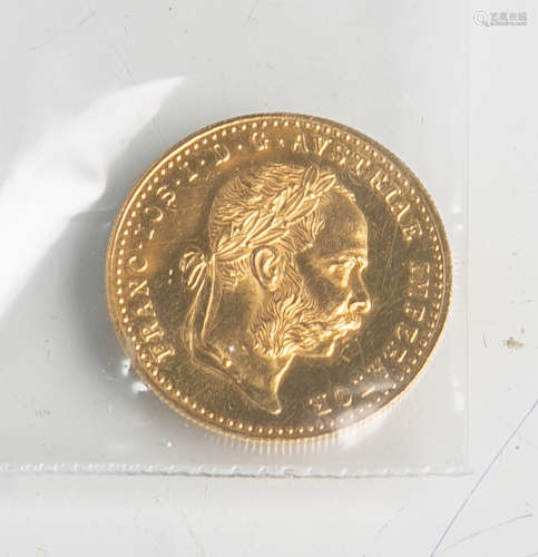 1 Ducat (Österreich), 986/000 Gold, Franz Joseph I. (1915), Dm. ca. 1,9 cm, Gewicht ca.3,49 g.