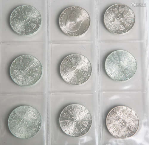 Konvolut von 9 Gedenkmünzen 50 Schilling (Österreich, 1969 / 1972-73), 900/1000 Silber,